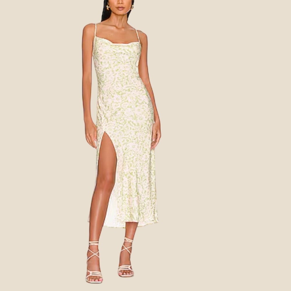 RESA Madison Dress XS Green White Floral Cowl Neck Midi Slip Dress Side Slit